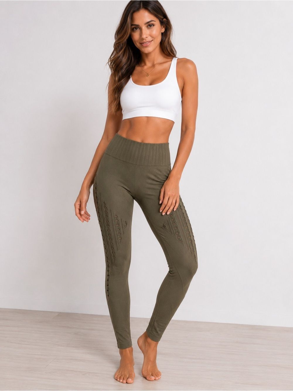 Savvi Neutral Taupe Ribbed Knit Leggings with High Waistband Ripped Tan SZ M / L
